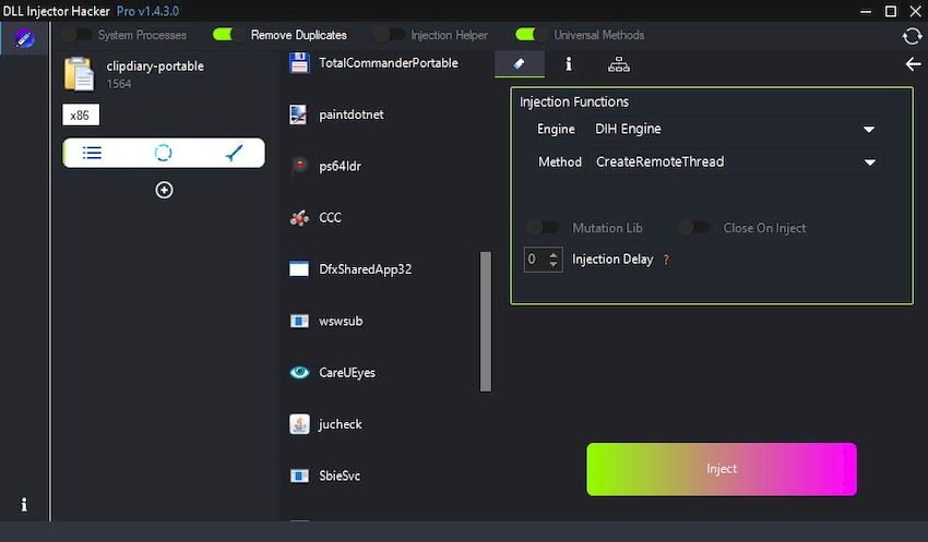 Хакер DLL Injector версии 1.6.4.5