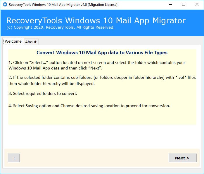 RecoveryTools Migrator для почтового приложения Windows 10 версии 4.3