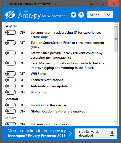 Ashampoo Antispy для Windows 10 версии 1.1.0.1 / Pro 1.6.0