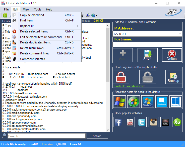 Редактор файла Hosts+ версия 1.5.15