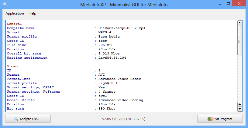 MediaInfoXP версия 2.45